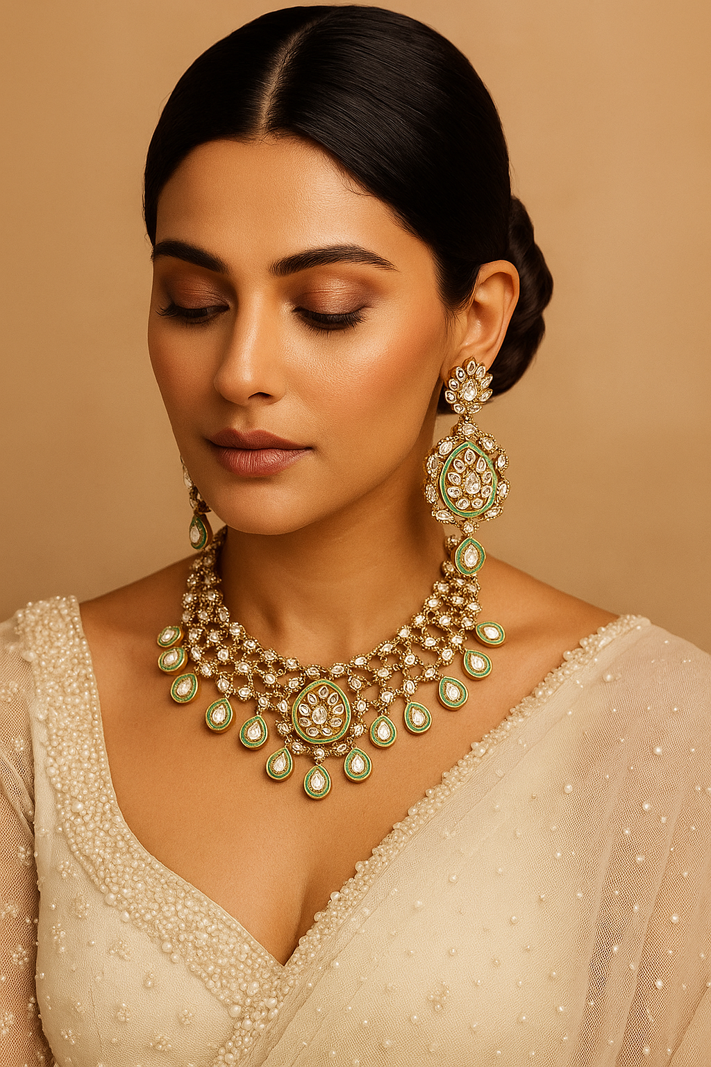 Elegant Green Kundan Bridal Necklace Set with Pear Shaped Stones