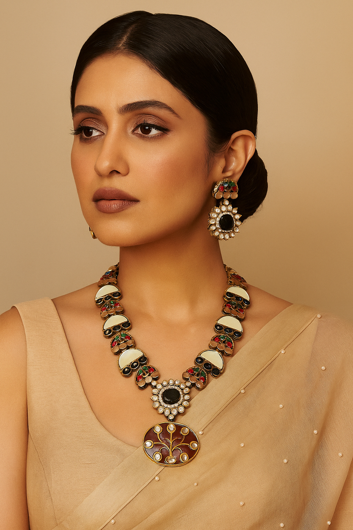 Multicolor Meenakari Kundan Necklace Set with Black Stone Pendant