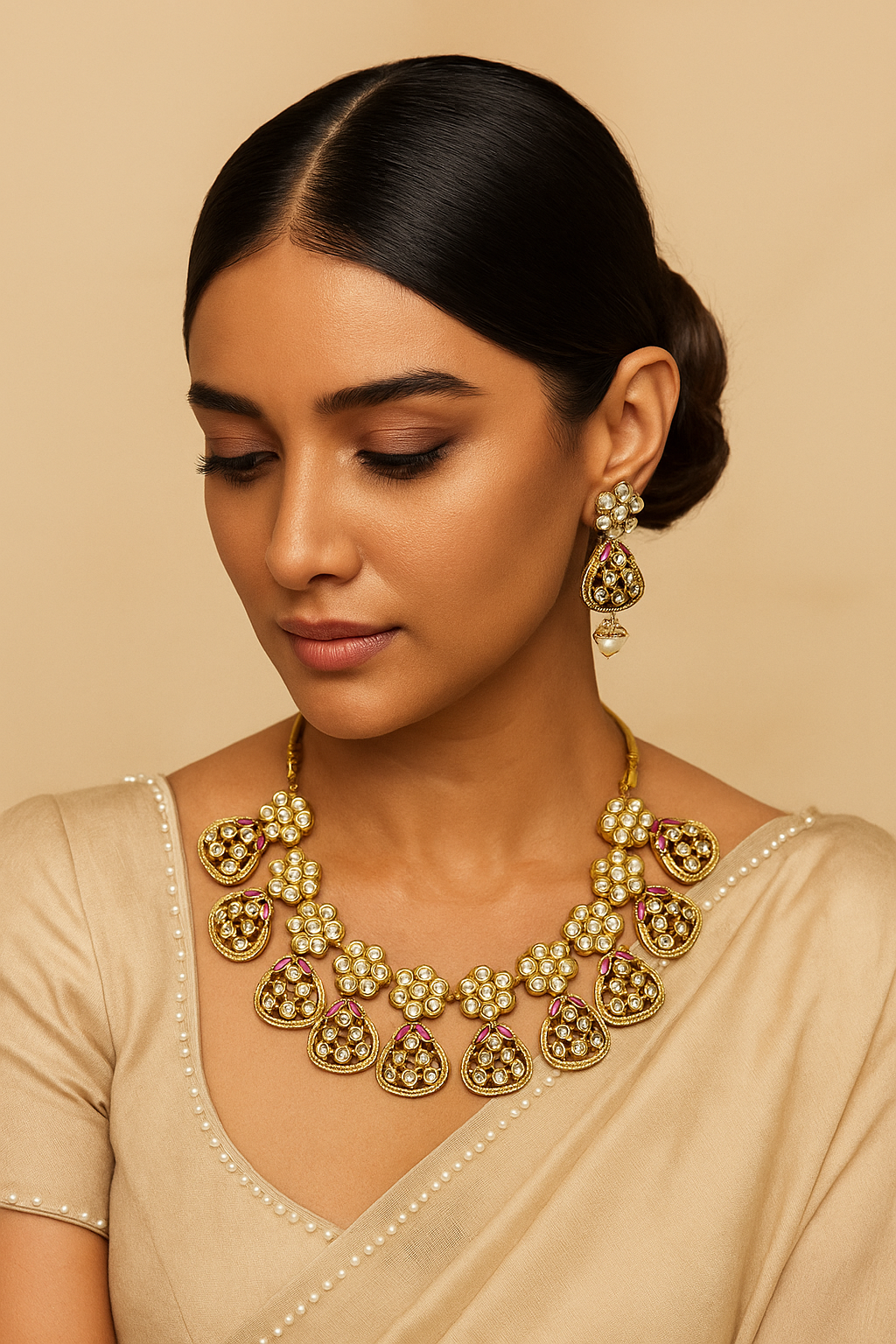 Elegant Polki Kundan Necklace Set with Floral Motifs