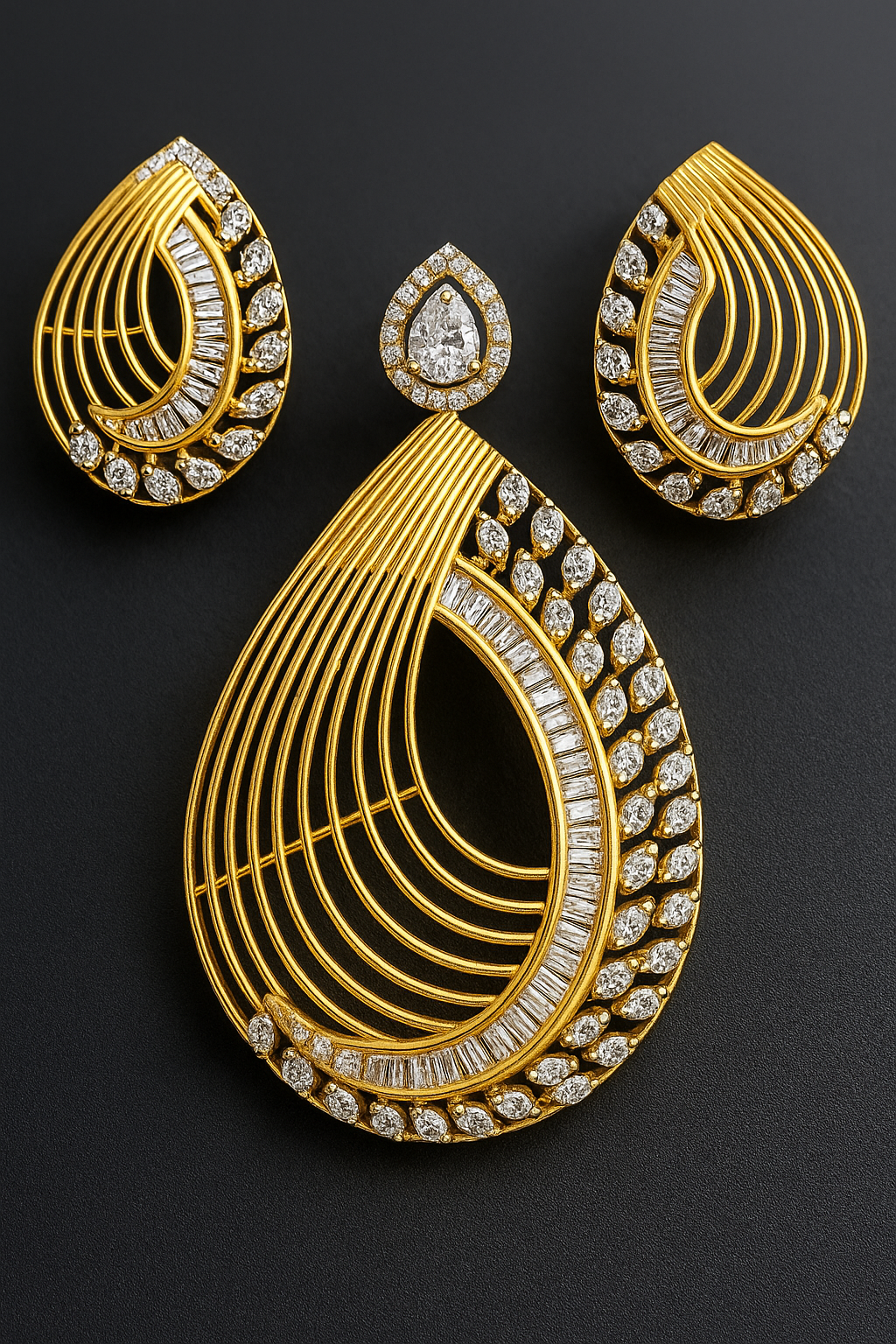 Golden Teardrop Diamond Pendant Set
