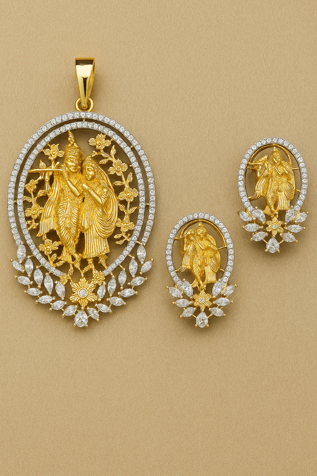 Radha Krishna Premium CZ Pendant Set (Gold Finish) – With Matching Earrings