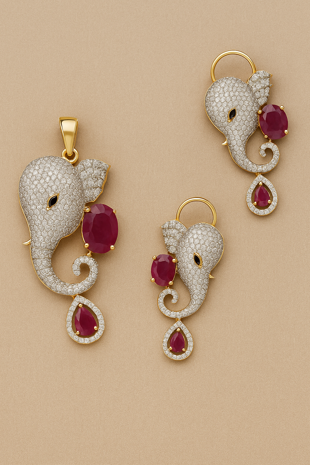 Ganesha CZ Pendant Set with Ruby Stones (Gold Finish) – With Matching Earrings