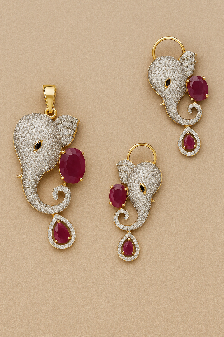 Ganesha CZ Pendant Set with Ruby Stones (Gold Finish) – With Matching Earrings