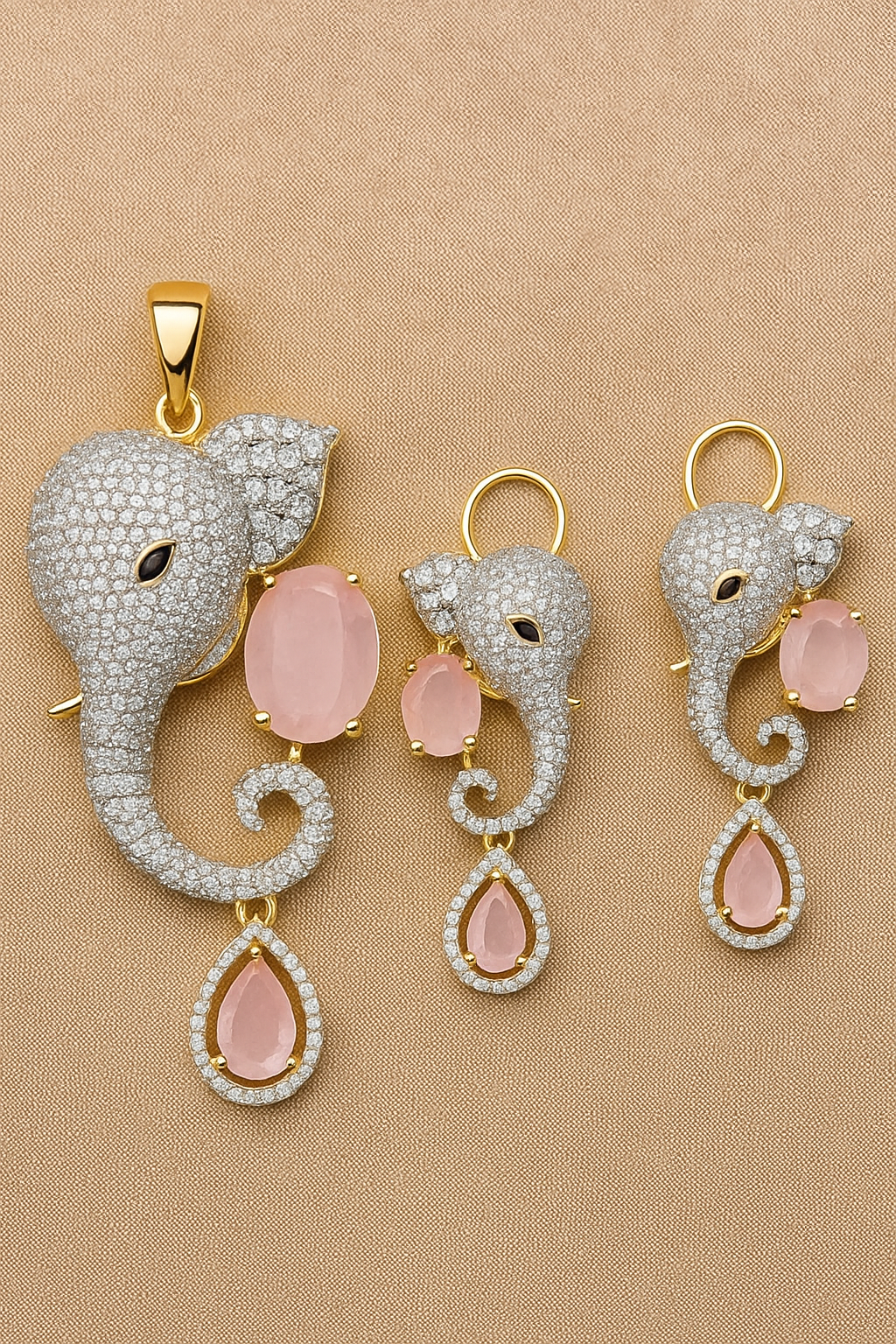 Ganesha CZ Pendant Set with Baby Pink Stones (Gold Finish) – With Matching Earrings