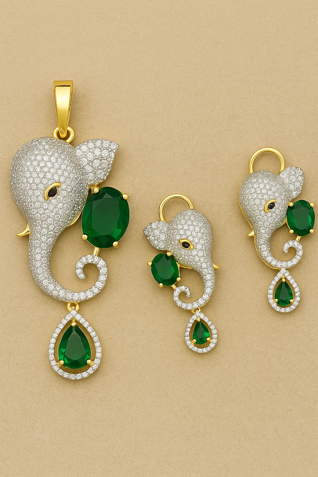 Ganesha CZ Pendant Set with Emerald Green Stones (Gold Finish) – Matching Earrings