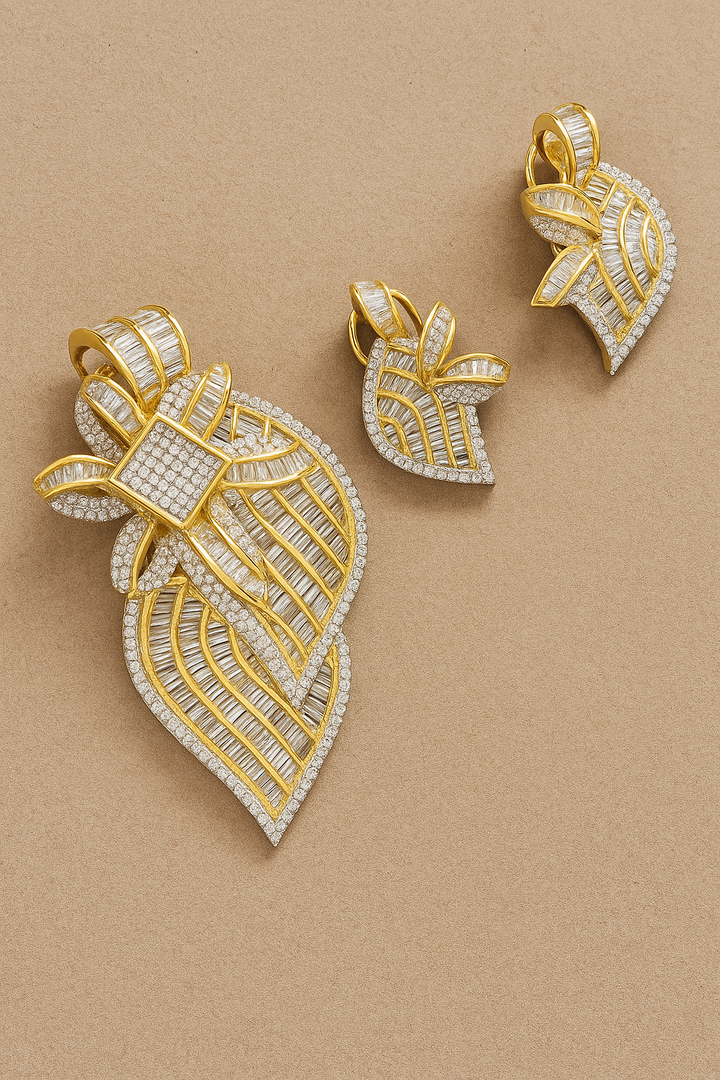 Premium Baguette CZ Designer Pendant Set (Gold Finish) – With Matching Earrings