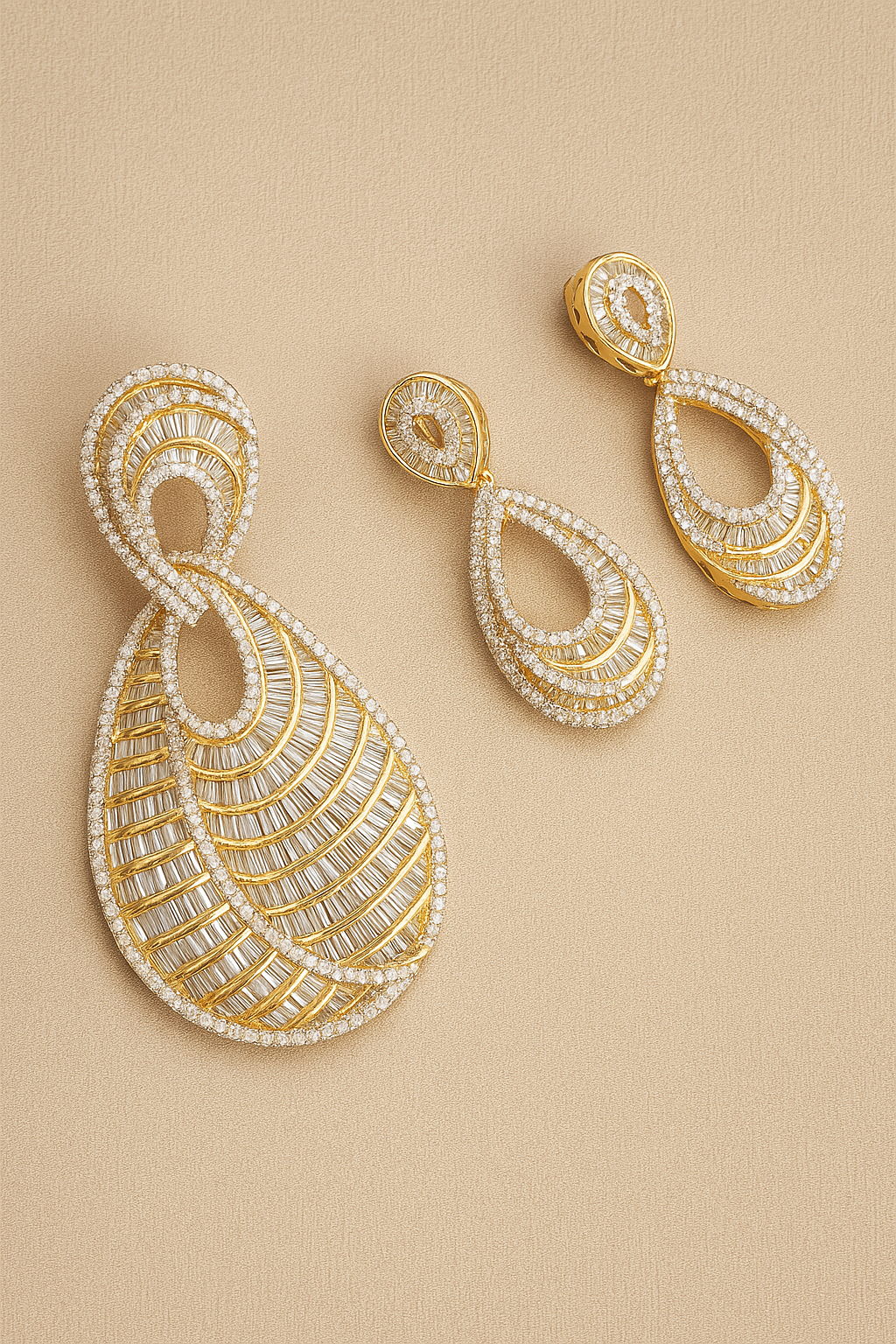 Premium Teardrop Baguette CZ Pendant Set (Gold Finish) – With Matching Earrings