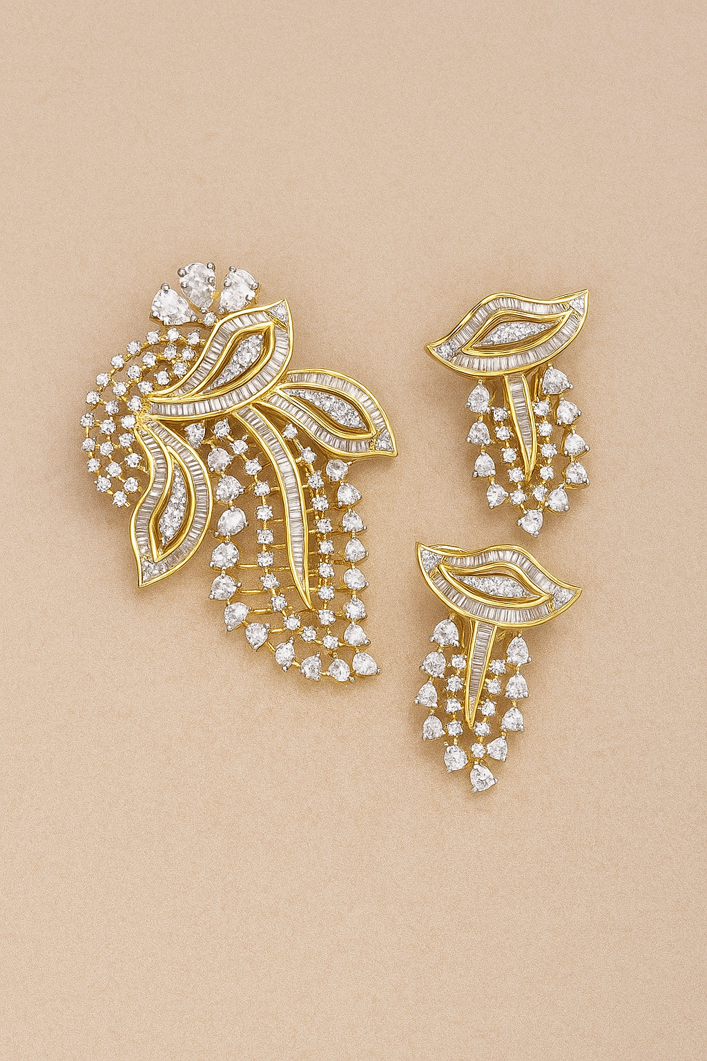 Feather Style Premium CZ Pendant Set (Gold Finish) – With Matching Earrings