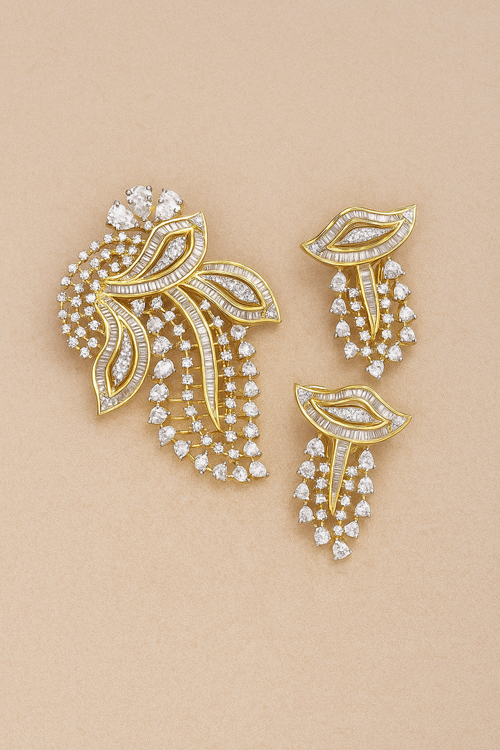 Feather Style Premium CZ Pendant Set (Gold Finish) – With Matching Earrings