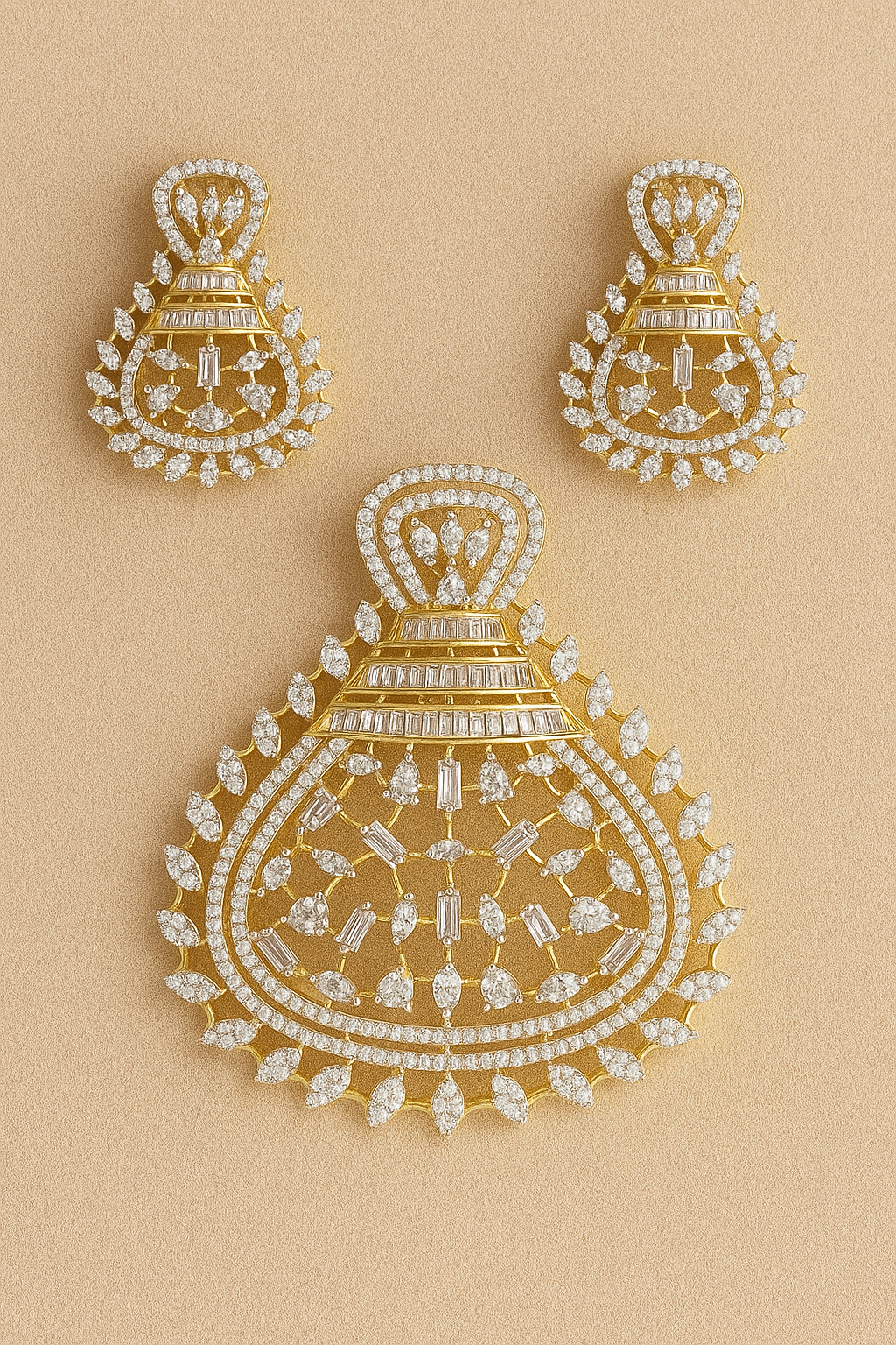 Premium Peacock Fan-Style CZ Pendant Set (Gold Finish) – With Matching Earring