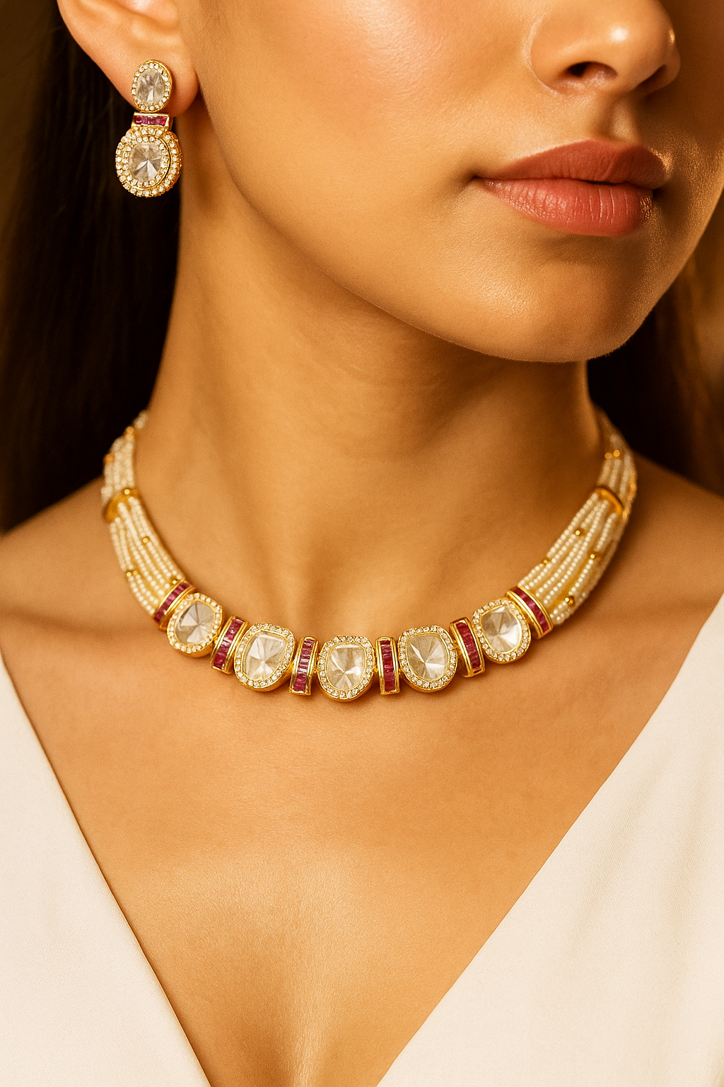 Pearl String Polki Choker Necklace Set with Ruby Accents – Premium Gold Finish