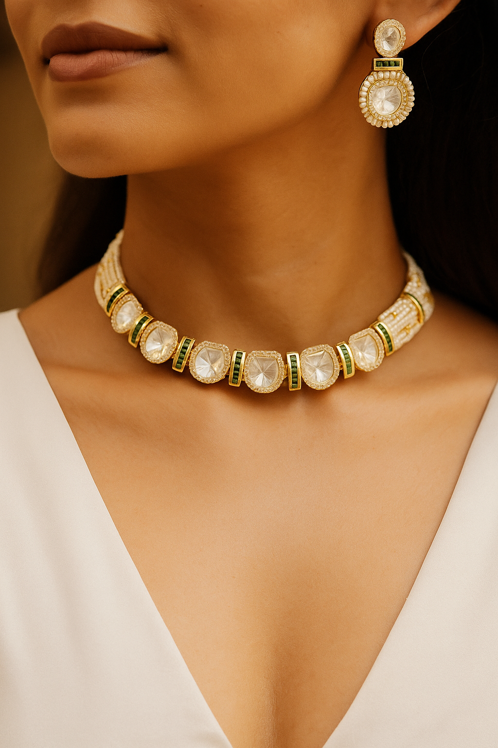 Pearl String Polki Choker Necklace Set with Emerald Accents – Premium Gold Finish