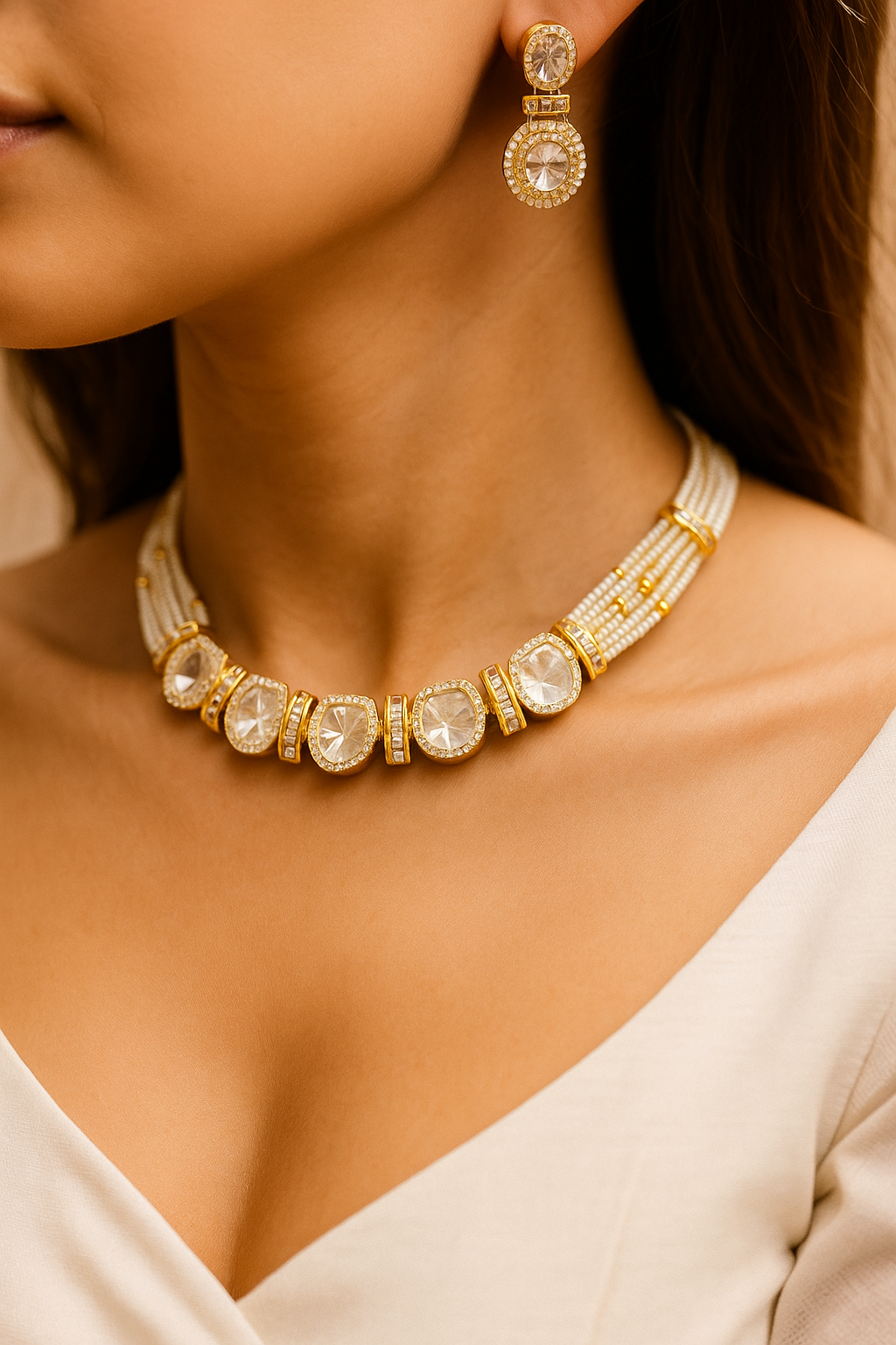 Pearl String Polki Choker Necklace Set – Premium Gold Finish