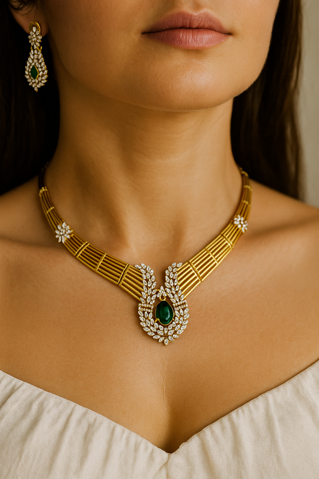 Emerald Green Stone CZ Designer Necklace Set – Premium Gold Finish