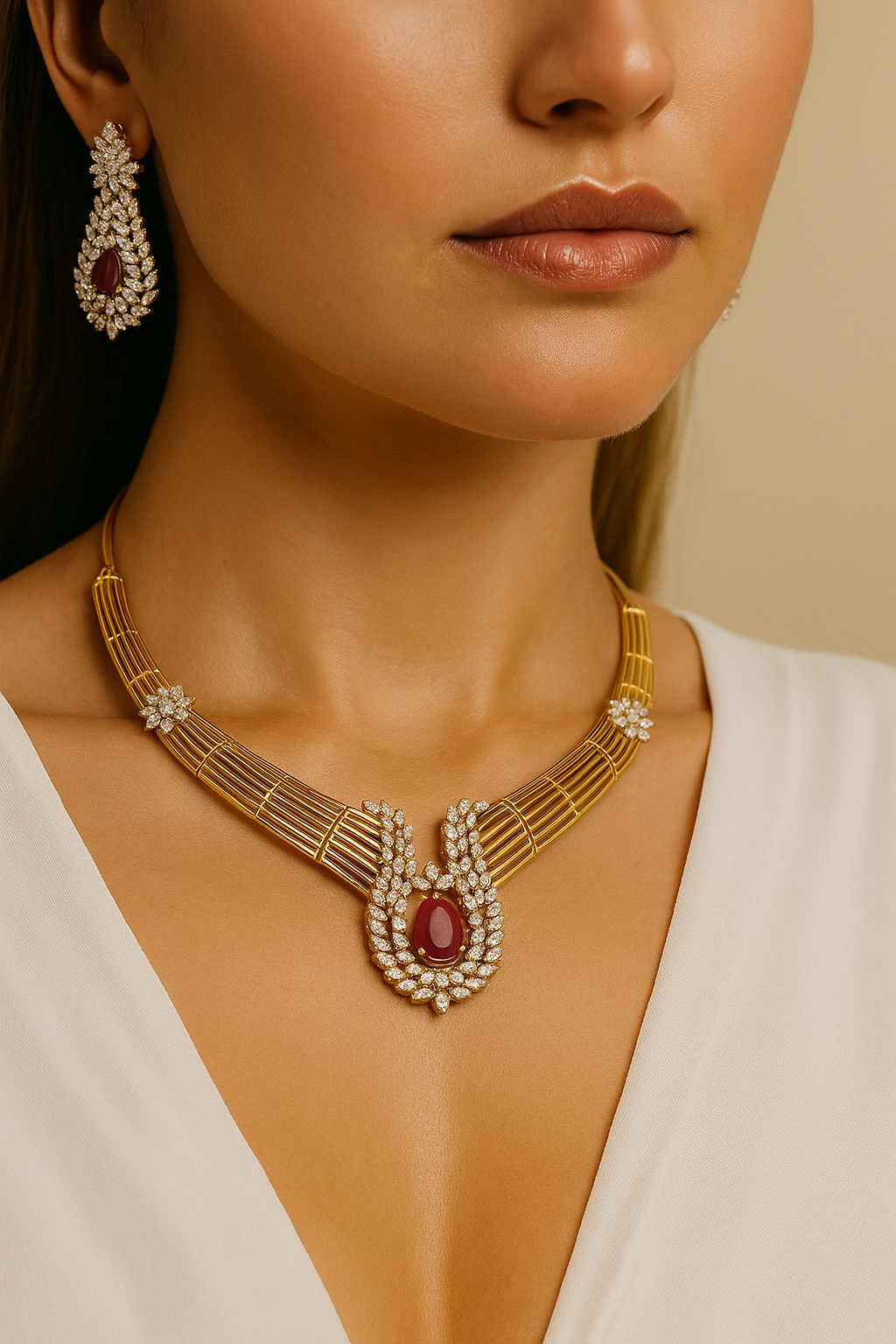 Ruby Stone CZ Designer Necklace Set – Premium Gold Finish