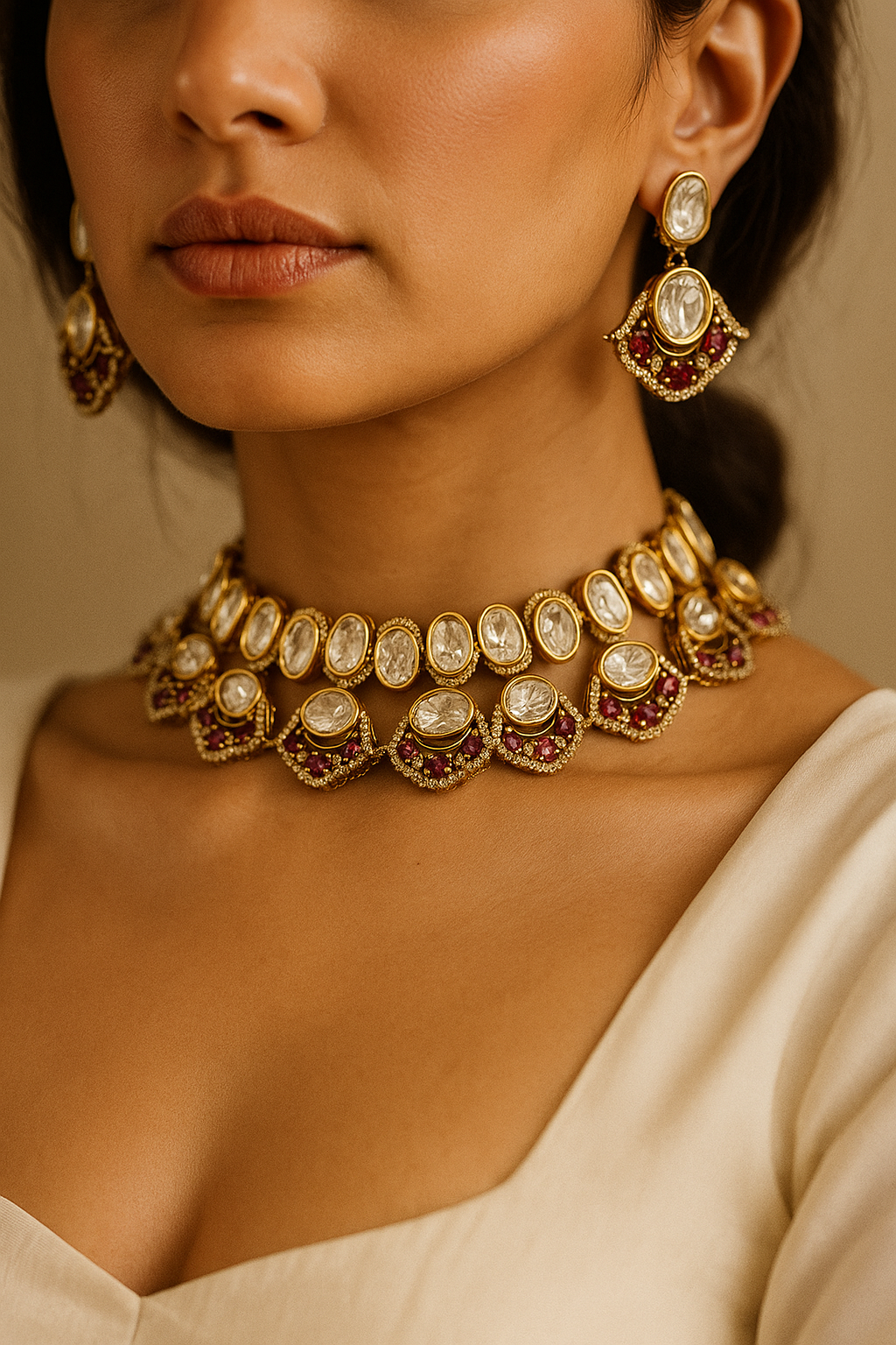 Ruby Polki Choker Necklace Set – Premium Kundan Finish