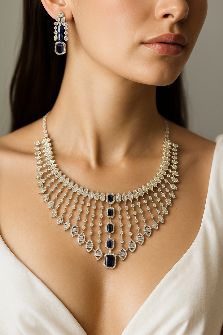 Blue Stone Diamond-Look CZ Bridal Necklace Set – Premium Silver Finish
