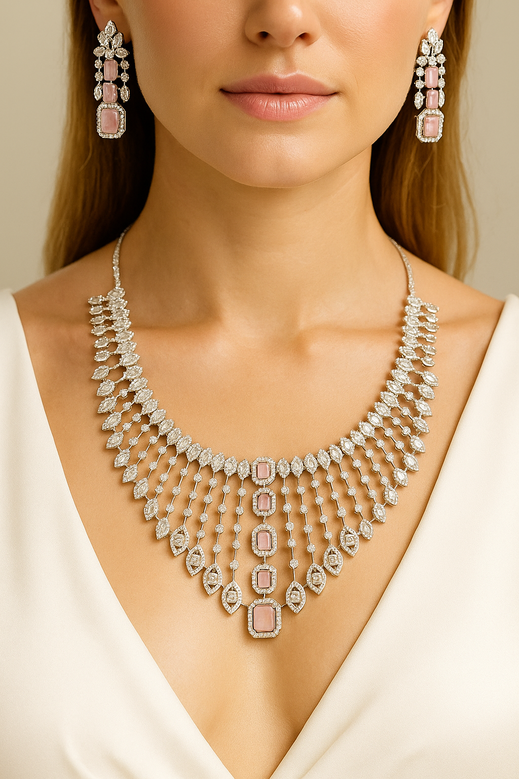 Pink Stone Diamond-Look CZ Bridal Necklace Set – Silver Finish