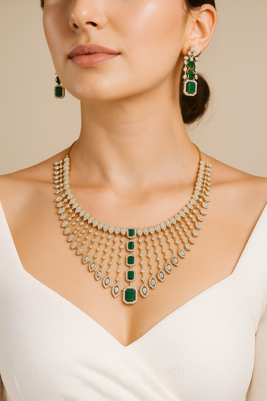 Green Stone Diamond-Look CZ Bridal Necklace Set – Premium Silver Finish