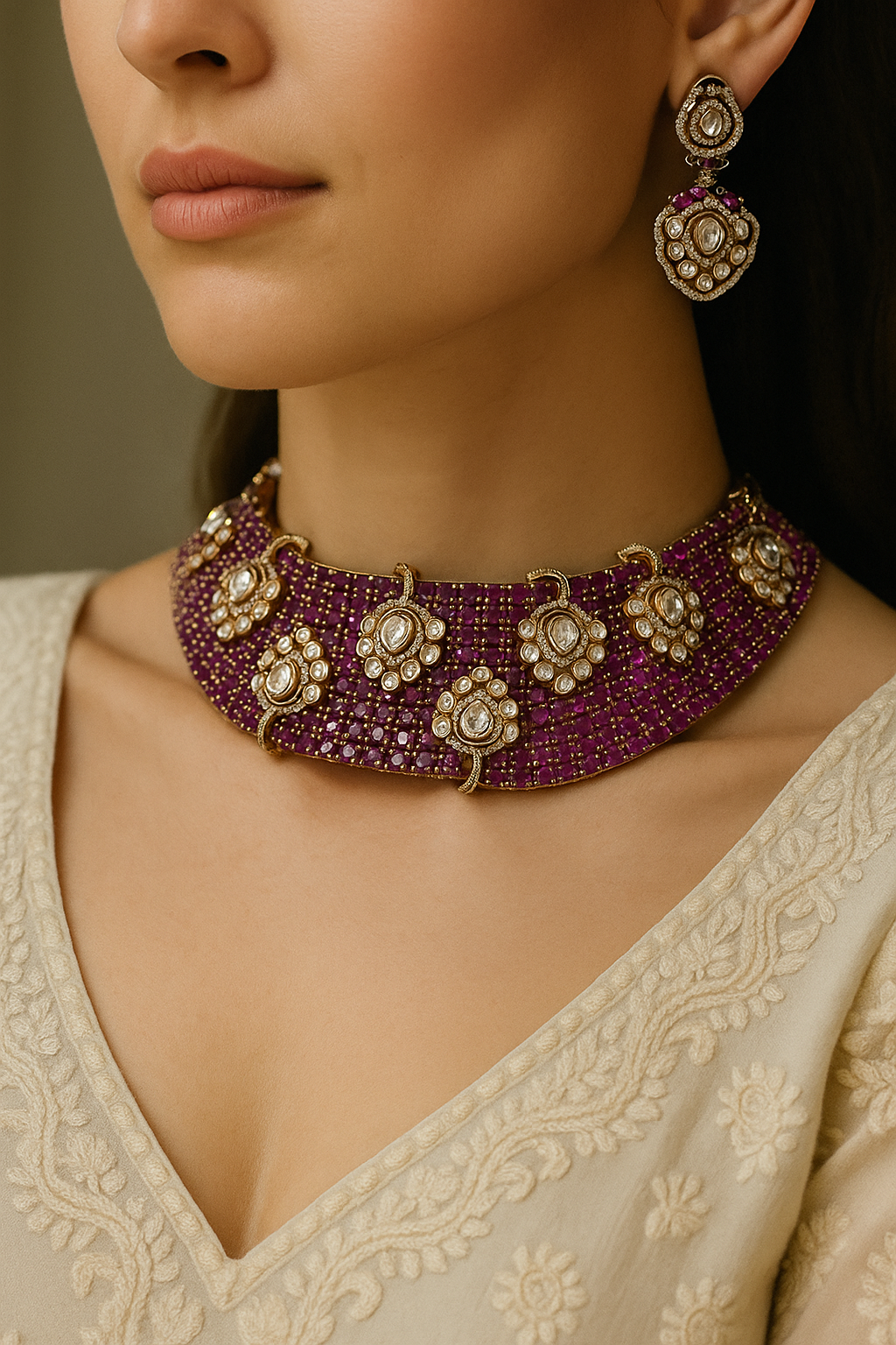 Premium Ruby Kundan Choker Necklace Set – Antique Gold Finish