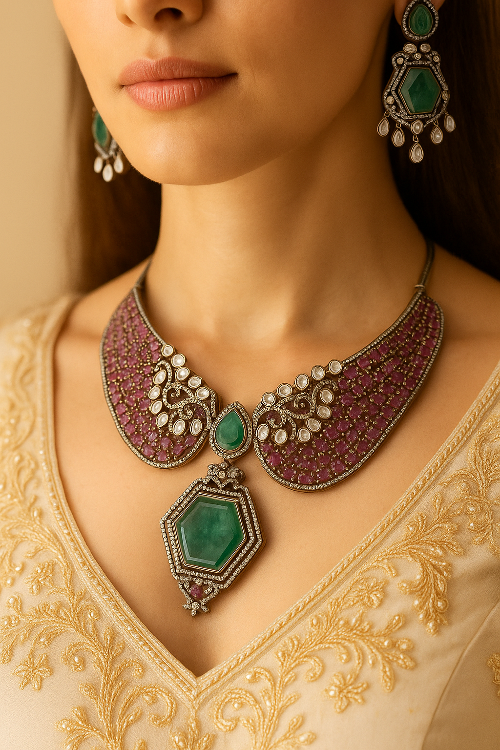Royal Emerald–Ruby Kundan Choker Necklace Set