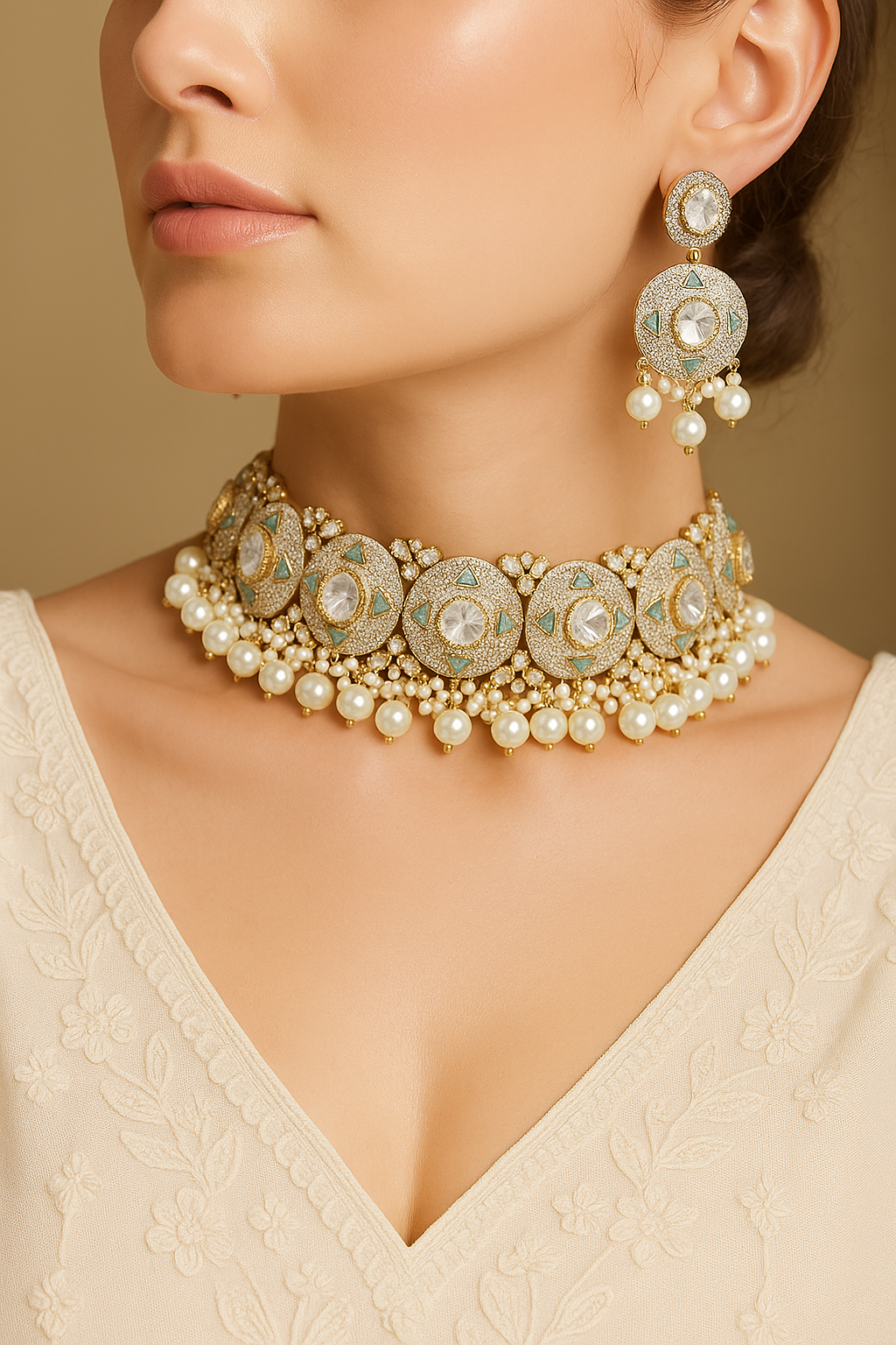 Designer Polki Pearl Choker Necklace Set – Mint Meena Work & Antique Finish