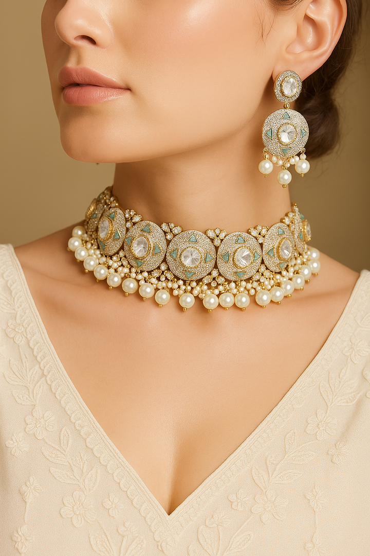 Designer Polki Pearl Choker Necklace Set – Mint Meena Work & Antique Finish