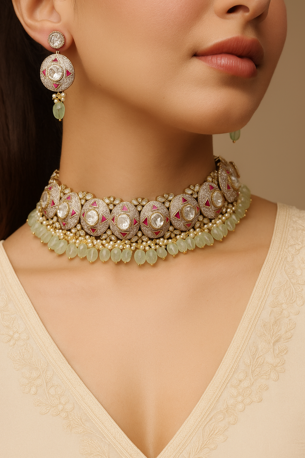 Designer Polki Pearl Choker Necklace Set – Pink Meena Work & Premium Antique Finish