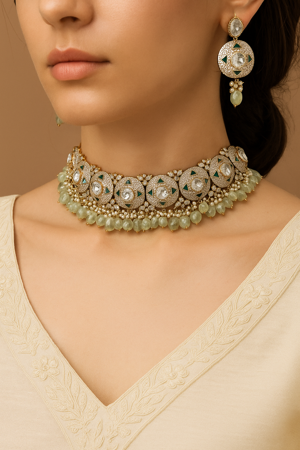 Designer Polki Pearl Choker Necklace Set – Green Meena Work & Premium Antique Finish