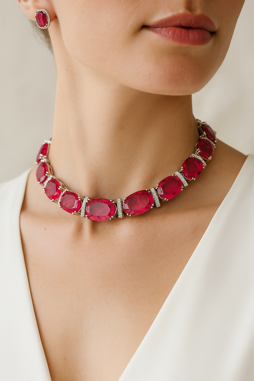 Premium Ruby Stone Choker Necklace Set – Designer Oversized Cushion Cut Stones