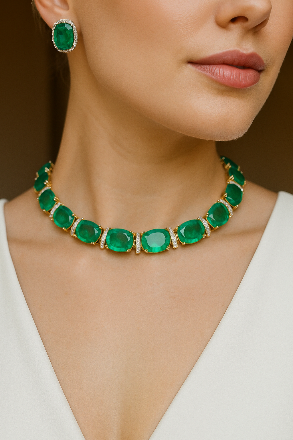 Premium Emerald Green Stone Choker Necklace Set – Designer Oversized Cushion Cut Stones