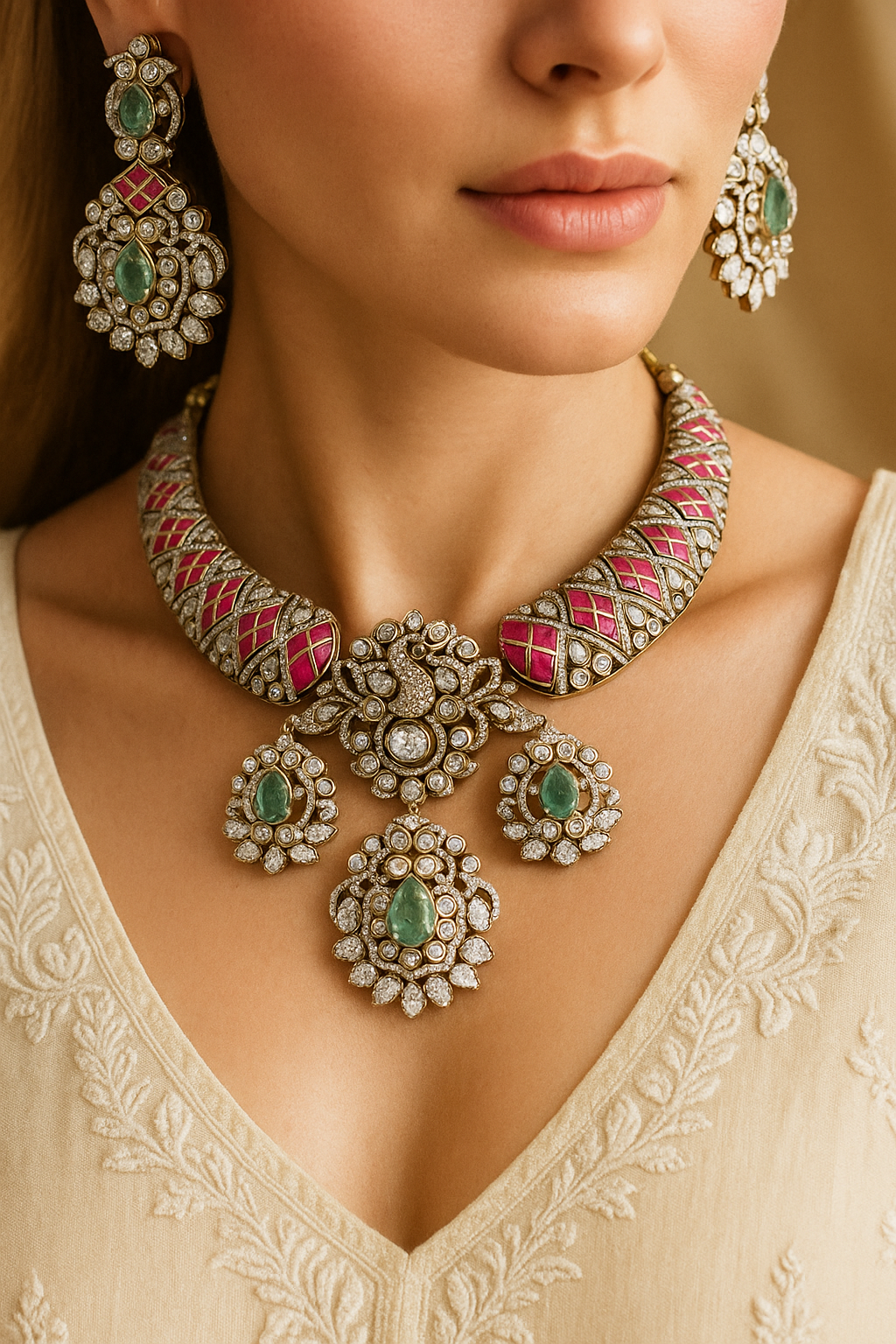 Heritage Ruby–Emerald Antique Choker Necklace Set | Kundan & AD Stones