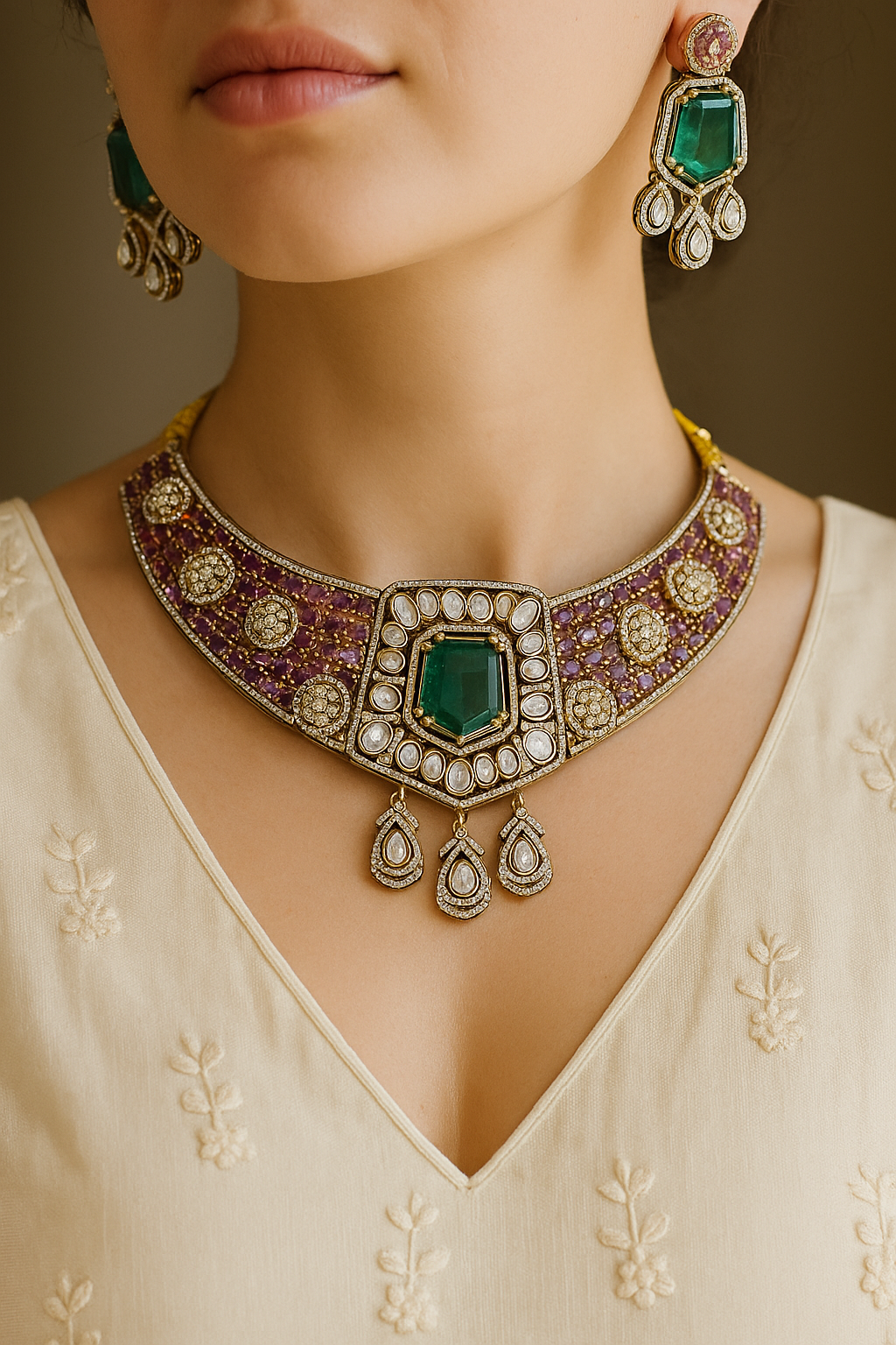 Royal Emerald–Ruby Antique Choker Necklace Set | Kundan & CZ Stones