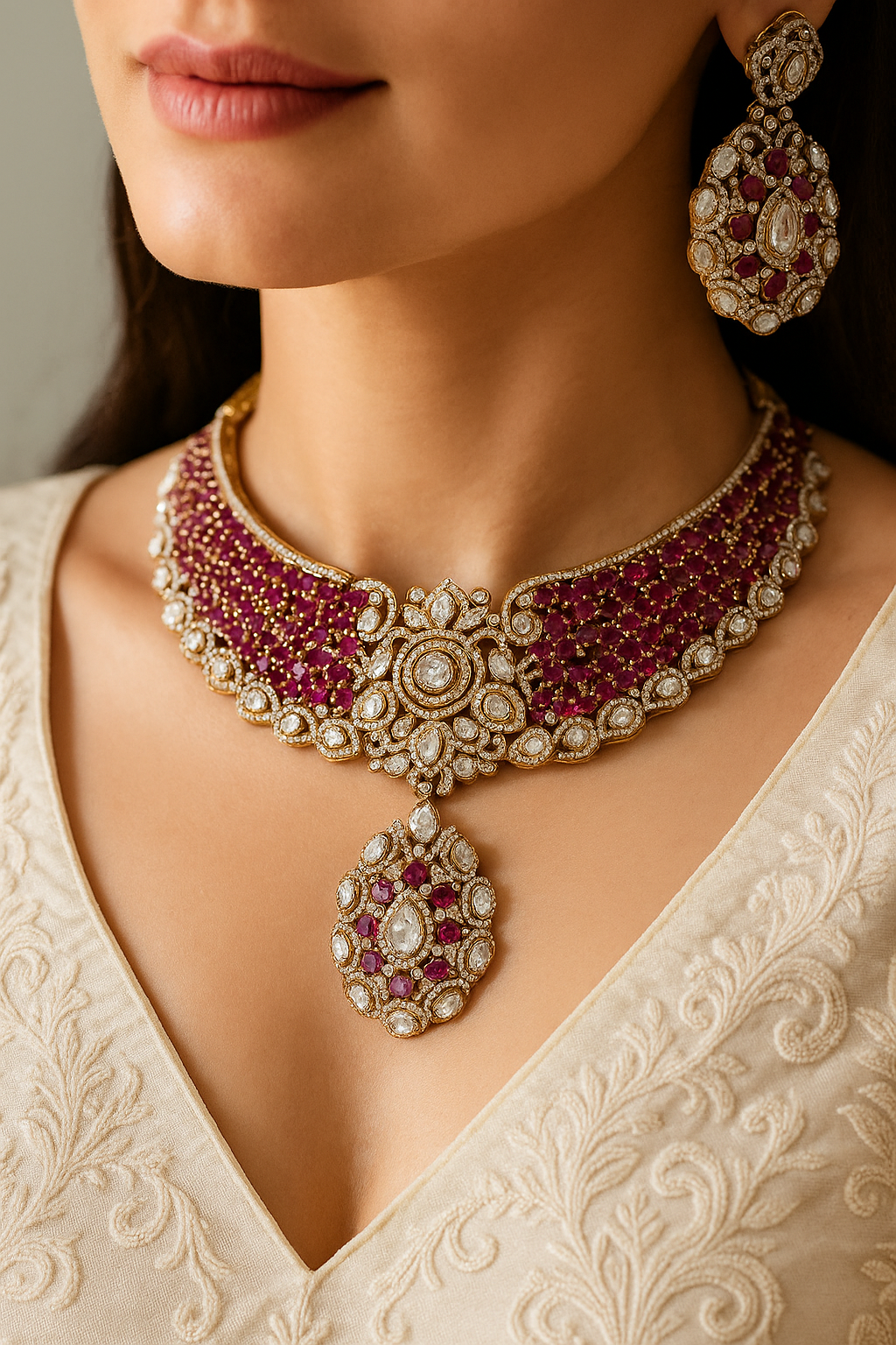 Royal Ruby Kundan Bridal Choker Necklace Set | Polki & CZ Stones