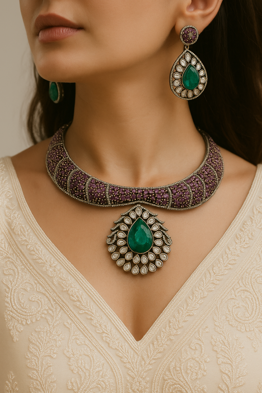 Emerald Peacock Polki Choker Necklace Set | Ruby Stone & CZ Bridal Jewellery