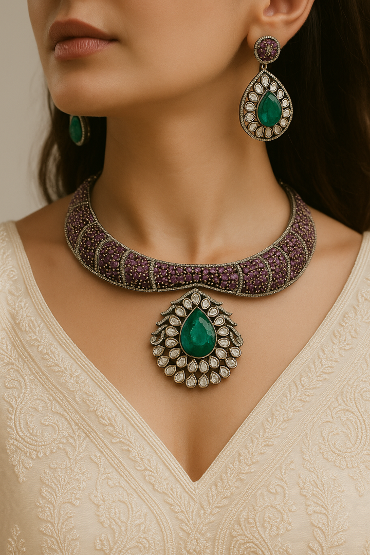 Emerald Peacock Polki Choker Necklace Set | Ruby Stone & CZ Bridal Jewellery