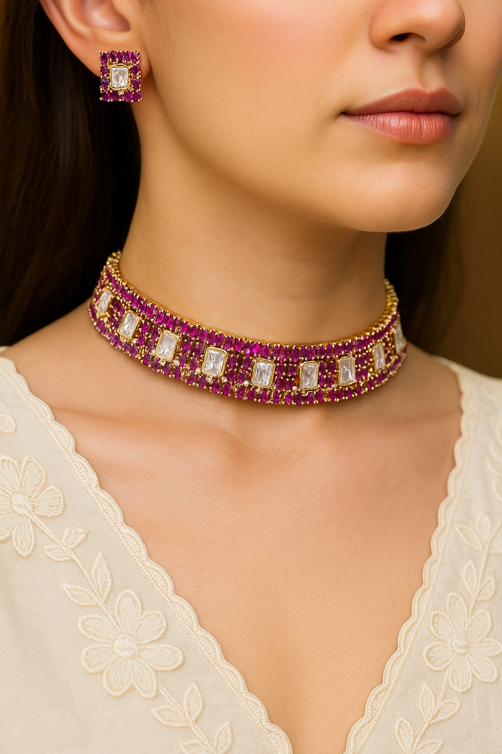 Ruby Square-Stone CZ Choker Necklace Set | Premium Partywear Jewellery