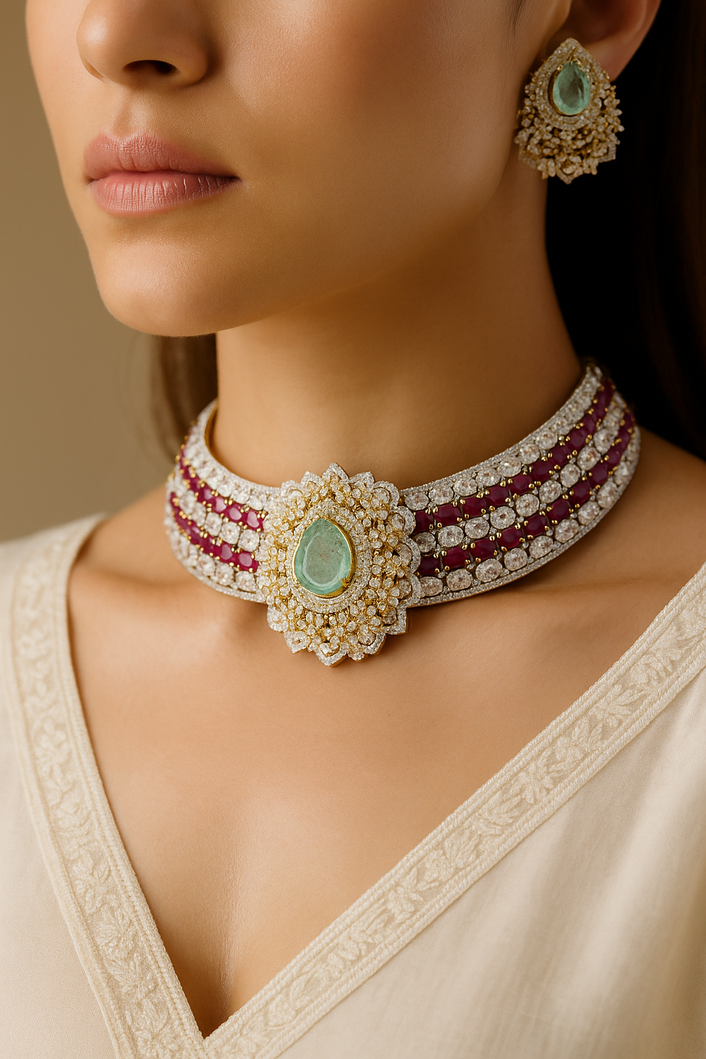 Ruby & Mint Green CZ Stone Bridal Choker Set | Premium Wedding Jewellery