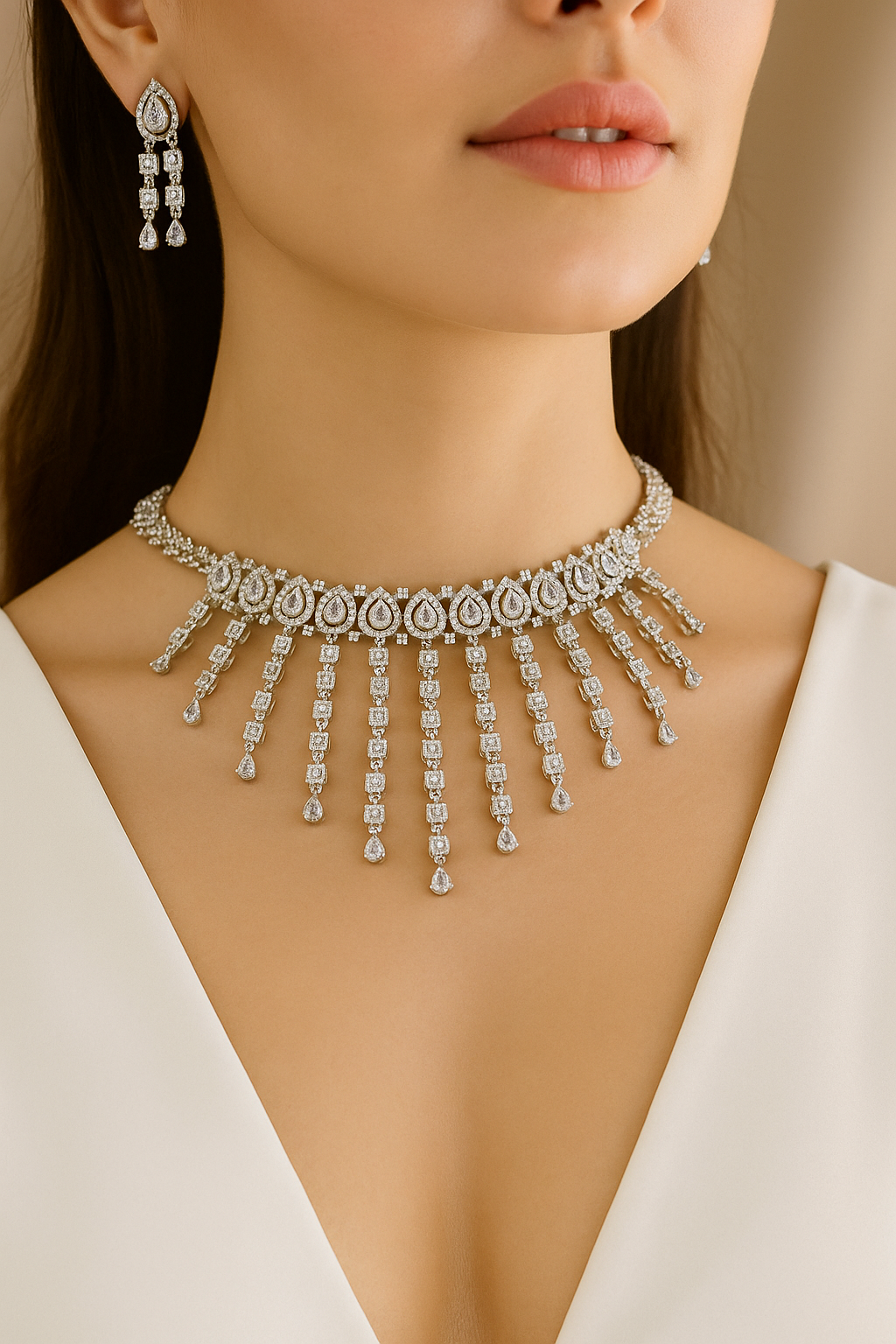 Elegant Silver CZ Waterfall Diamond Necklace Set | Premium Party & Bridal Jewellery