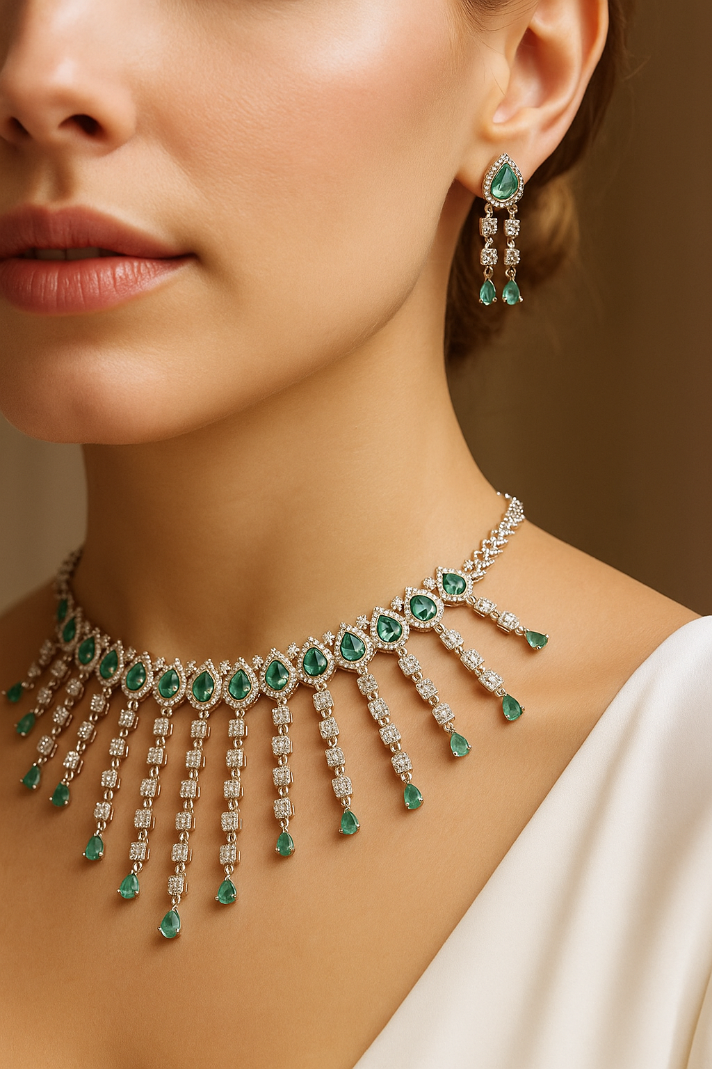 Aqua Teardrop Silver Waterfall Diamond Necklace Set | Premium CZ Stone Jewellery