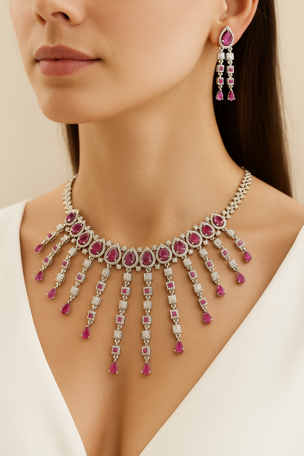Ruby Pink Waterfall Diamond Necklace Set | Premium CZ Stone Jewellery