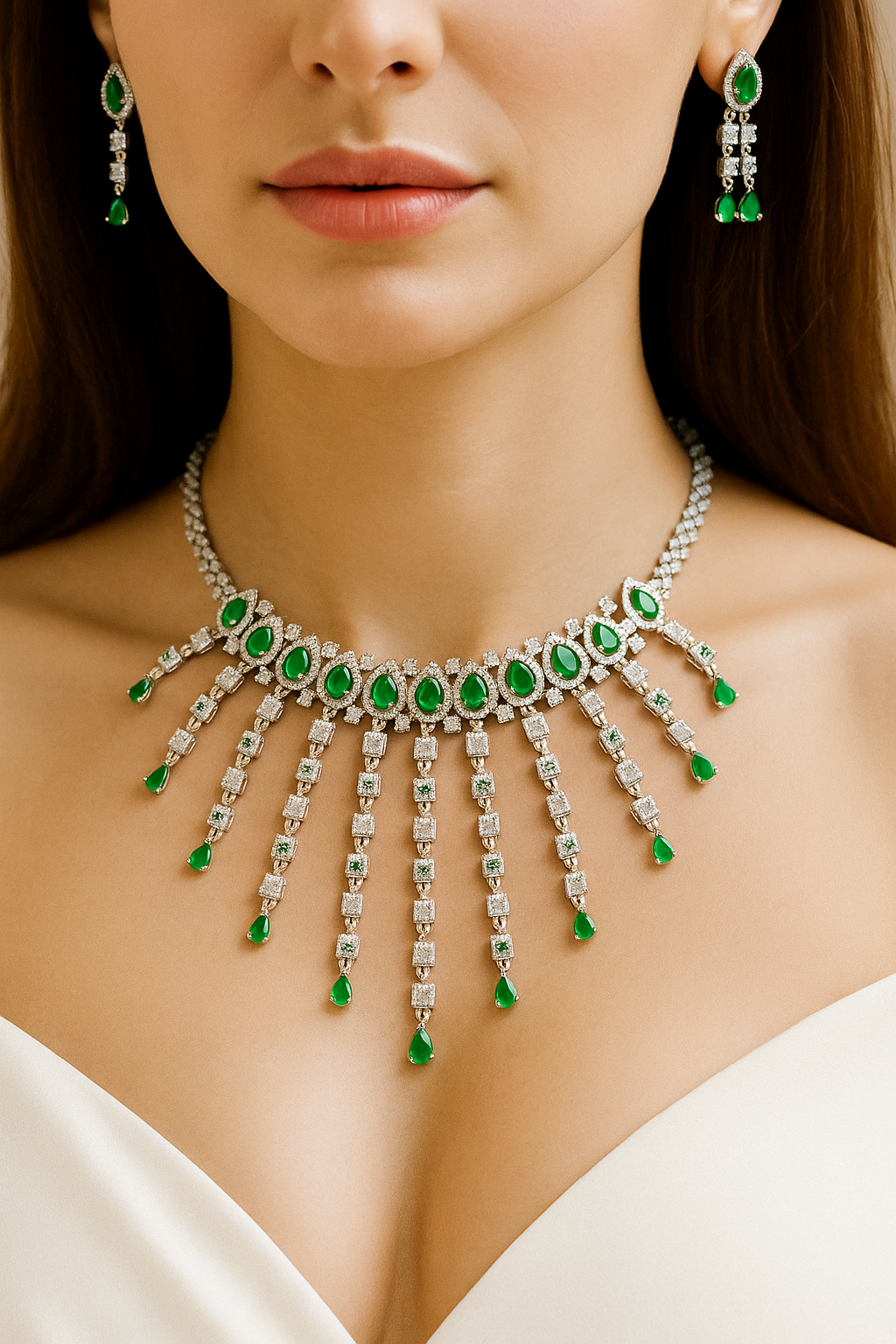 Emerald Green Waterfall Diamond Necklace Set | Premium CZ Jewellery