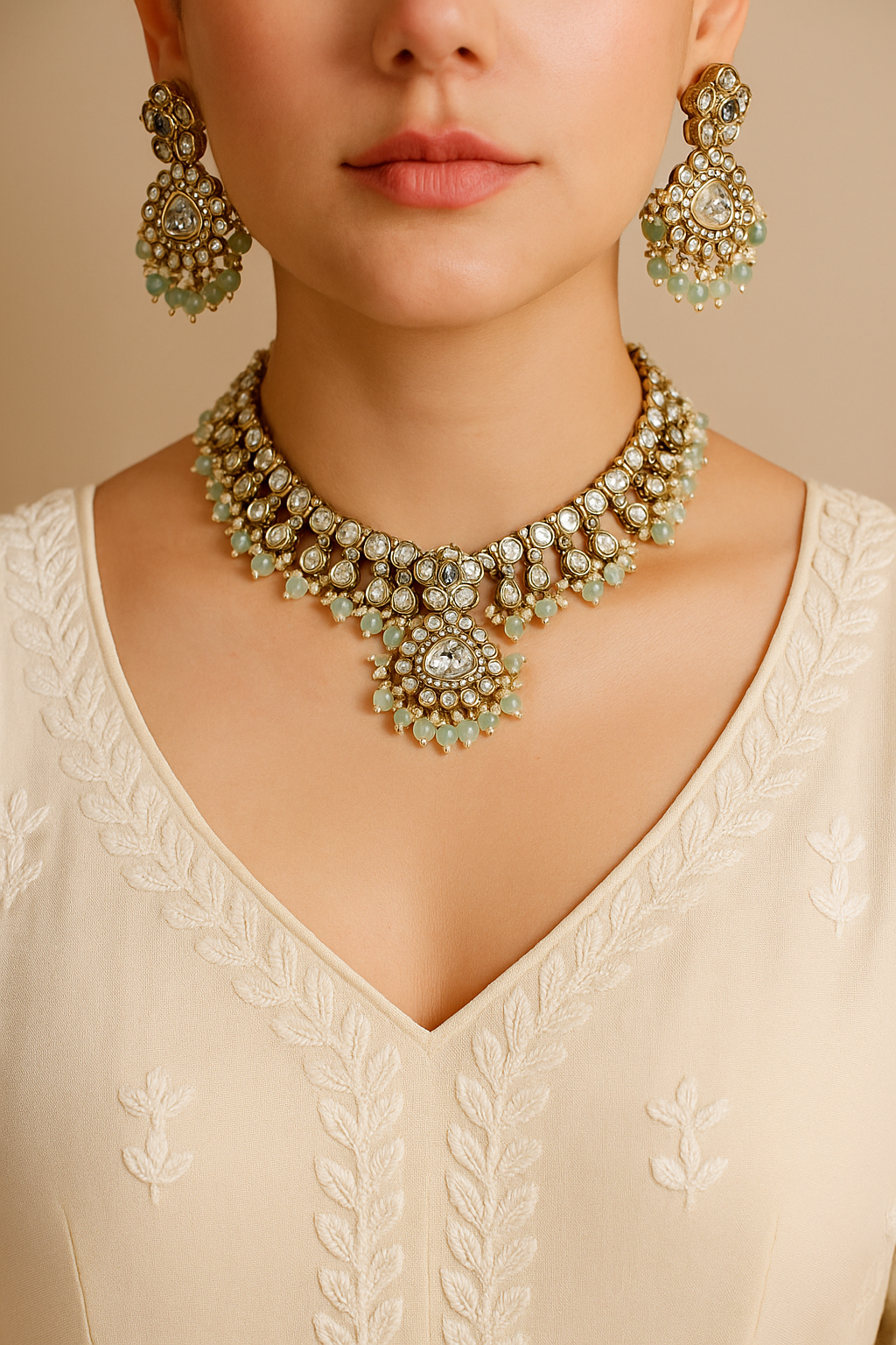 Pastel Green Kundan Bridal Necklace Set | Premium Polki Jewellery