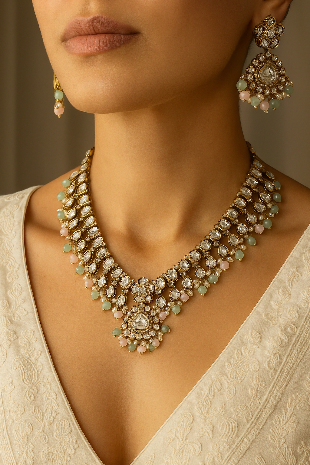 Pastel Multi-Bead Kundan Bridal Necklace Set | Premium Polki Jewellery