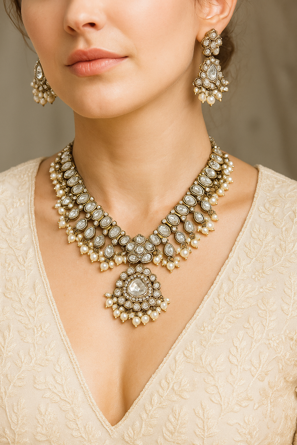 Pearl Drop Kundan Bridal Necklace Set | Premium Polki Wedding Jewellery