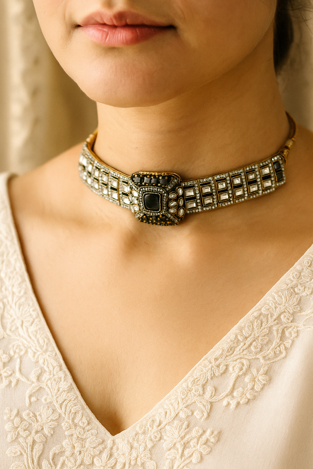 Black Grey Kundan Choker Set | Premium Polki Statement Jewellery