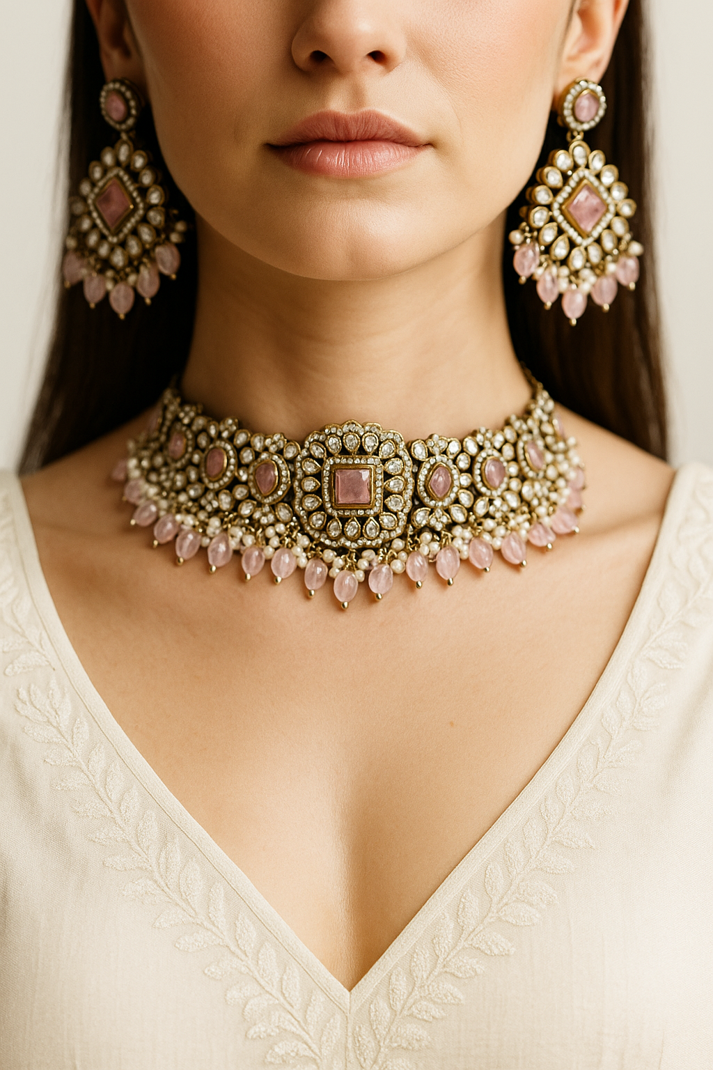Pastel Pink Kundan Choker Set with Maang Tikka | Premium Polki Bridal Jewellery