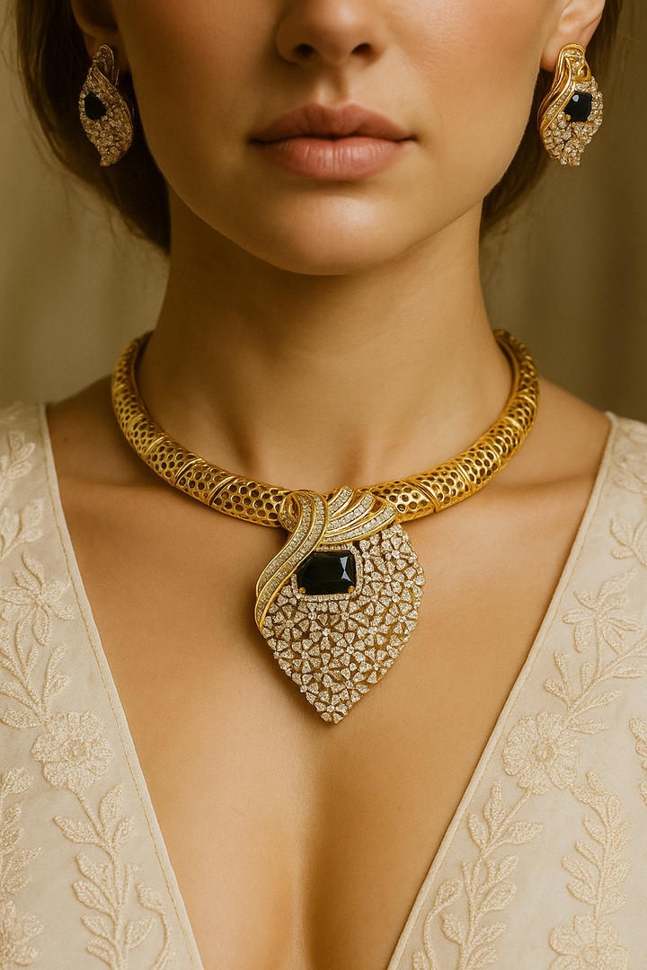 Dark Blue Stone Gold Designer Necklace Set | Premium Diamond Finish Jewellery