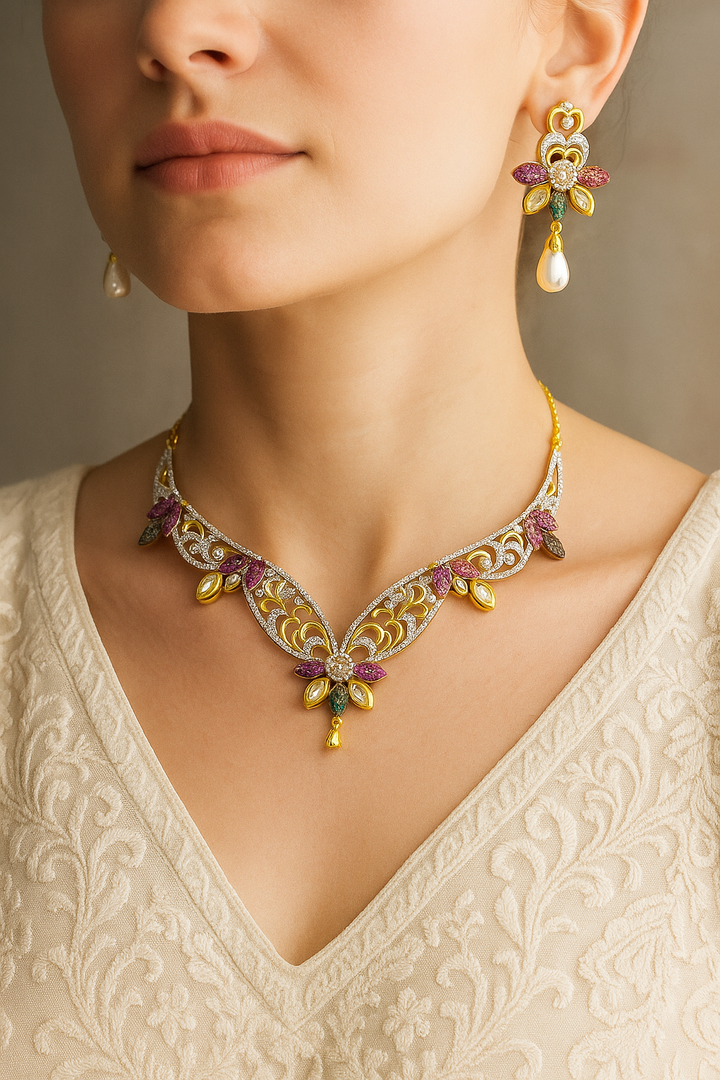 Multicolour Floral Designer Necklace Set | Pearl Drop Party Wear Jewellery