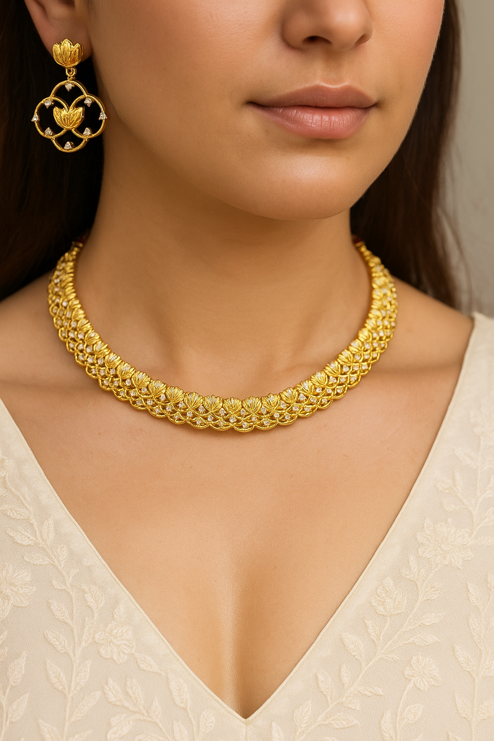 Gold Lotus Motif Necklace Set | Elegant Lightweight Designer Jewellery